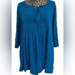 Catherine’s Top Blouse 2X 3/4 Sleeve Blue Boho Tie Neck